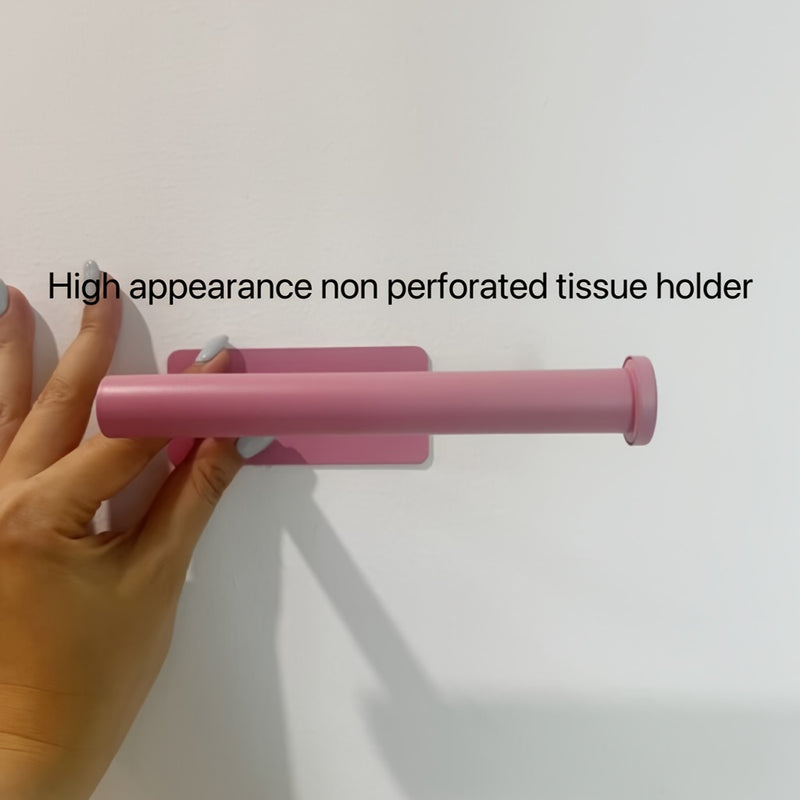 Soporte para papel higiénico de acero inoxidable rosa, fácil instalación, adhesivo, sin necesidad de taladrar, diseño de base cuadrada para dispensador de papel de baño