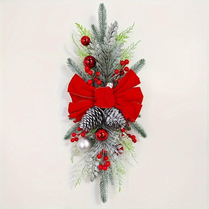 Guirnalda de Escalera de Navidad de 3 pzas de 22.83in Estilo Americana Hecha a Mano con Piñas Falsas, Lazos Rojos y Sin Plumas - Decoraciones Festivas sin Electricidad para el Hogar, Fiesta y Vacaciones - Perfecta para Uso en Interiores y Exteriores