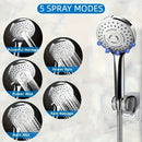 Cabezal de ducha fijo de acero inoxidable con 5 funciones, ideal para baños, incluye ducha de mano, barra de ducha, válvula desviadora, manguera y barra de extensión