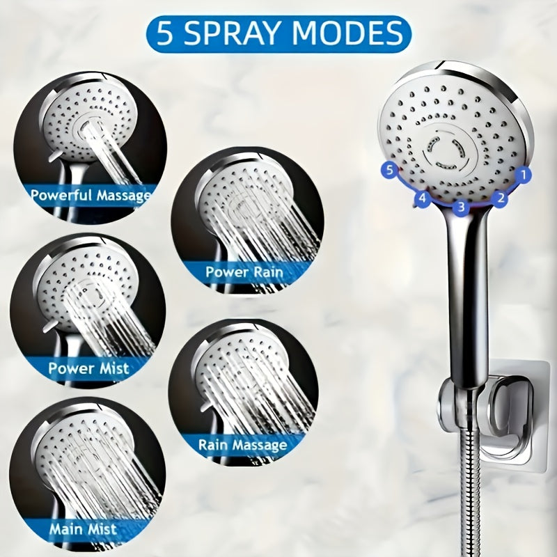 Cabezal de ducha fijo de acero inoxidable con 5 funciones, ideal para baños, incluye ducha de mano, barra de ducha, válvula desviadora, manguera y barra de extensión