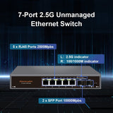 Conmutador Ethernet Davuaz Ultra-Rápido de 7 Puertos 2.5G - Conectar y Listo, Diseño Sin Ventilador, 5 Puertos RJ45 de 2.5G + 2 Puertos Ópticos SFP+ de 10G, Compatible con Velocidades de 100/1000/2500Mbps, Ideal para Punto Acceso Inalámbrico, NAS, PC y M