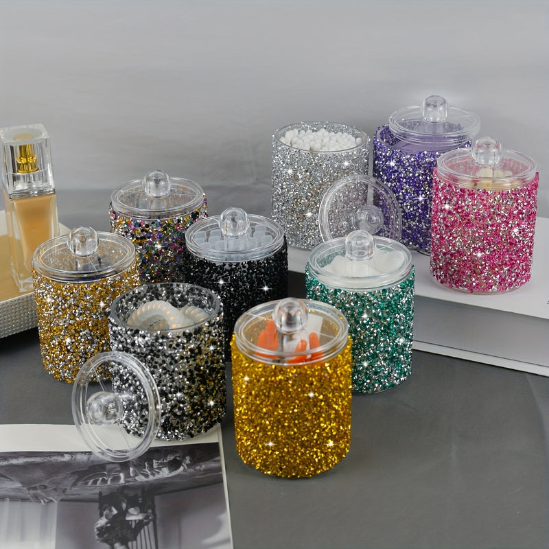 Tarro de Almacenamiento y Organización de 1 pieza con Incrustaciones de Diamantes para Muebles, Cocina, Baño, Belleza, Palillos de Dientes, Alfombrilla Redonda para Maquillaje, Cubierta para Mesa de Tocador, Caja Antipolvo Organizador