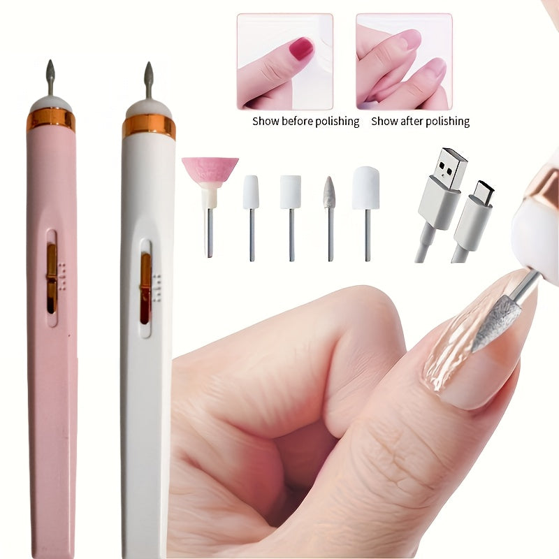 Fregadero eléctrico para uñas, kit de manicura portátil mini con 2 velocidades, cargador USB, incluye 5 piezas de acero para uñas, adecuado para uso en salones de belleza en casa.