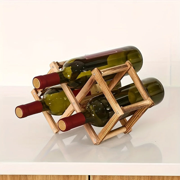 1 pieza, soporte de botella de vino de madera plegable - soporte de mesa portátil, barra y armario con 6 compartimentos, acabado natural de madera resistente para botellas de vino rojo/blanco, diseño que ahorra espacio