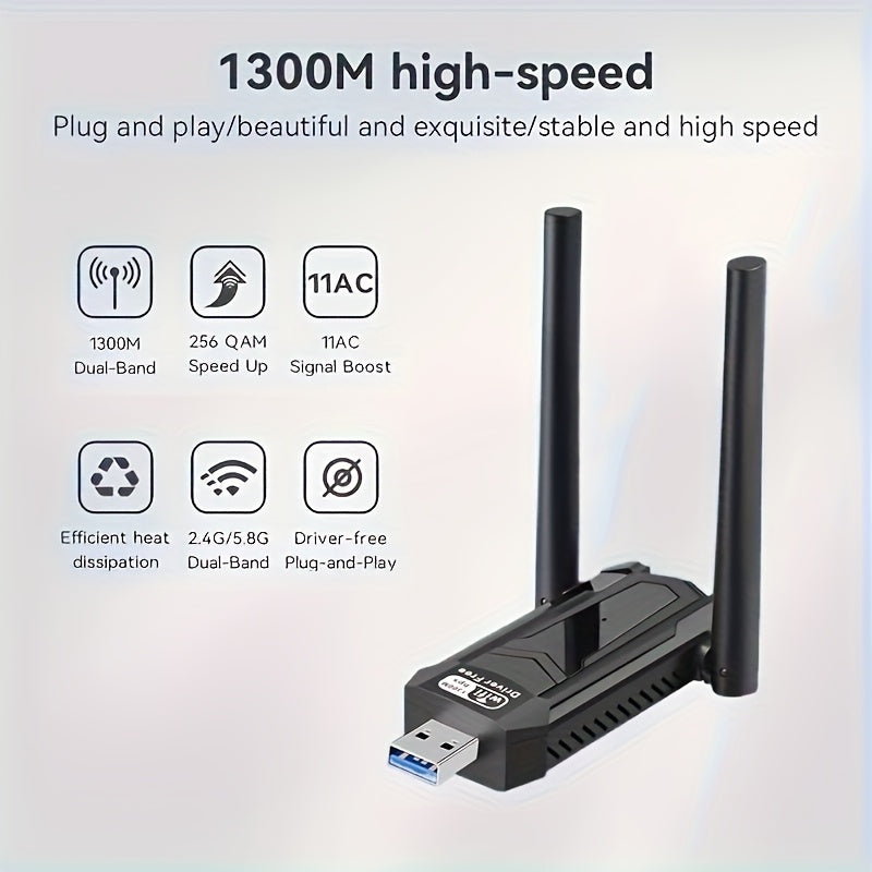 Adaptador WiFi USB inalámbrico de 1300Mbps con antena de doble banda de alta ganancia integrada de 5dBi, adaptador de red inalámbrica de 5,8G/2,4G para Windows 7/8.1/10/11, Plug and Play, funcionalidad de WiFi instantáneo y punto de acceso móvil.