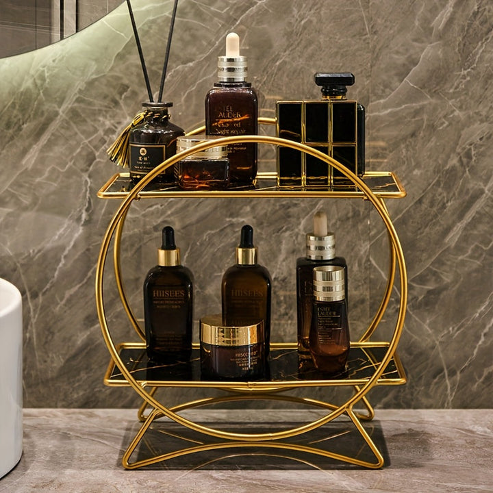 Organizador de baño de doble nivel DONGZHANGGUI con base de orejas de gato elegante - Elegantes estantes de metal para cosméticos, cuidado de la piel y perfumes - Acabado de laca, ideal para un baño moderno, organizadores y almacenamiento de baño.