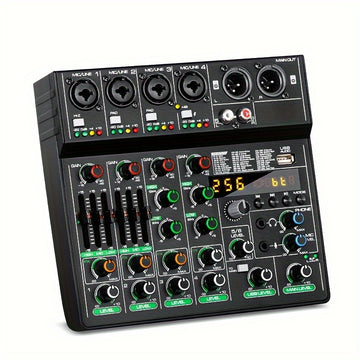 tyinneran Mezclador de audio inalámbrico profesional de 6 canales USB, reverberación de 256 ohmios, alimentación fantasma de 48V, bajo profundo, sonido de alta fidelidad, con control de tempo integrado y control de reproducción para grabación de estudio