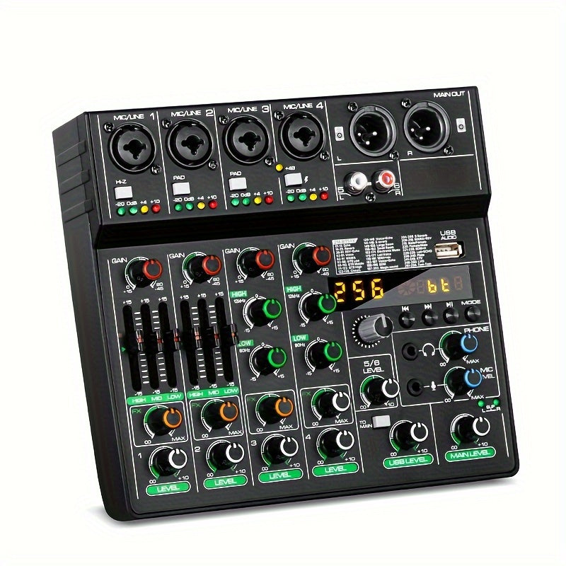 tyinneran Mezclador de audio inalámbrico profesional de 6 canales USB, reverberación de 256 ohmios, alimentación fantasma de 48V, bajo profundo, sonido de alta fidelidad, con control de tempo integrado y control de reproducción para grabación de estudio