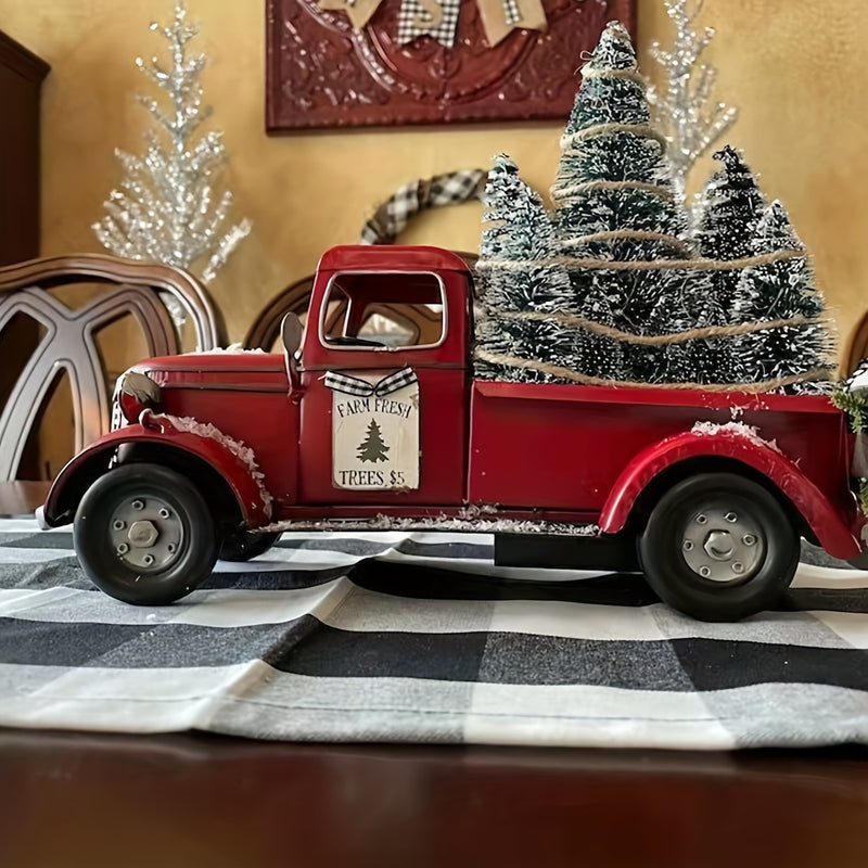 1pc Camión rojo navideño vintage con figurita de árbol - Decoración de mesa de resina coleccionable para el hogar y las fiestas, tema de moda, decoración versátil para habitaciones, regalo para amigos y familiares