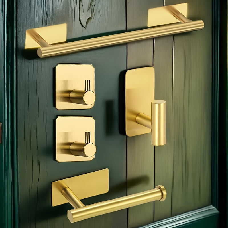Juego de 5 accesorios para baño de acero inoxidable - Incluye barra para toallas, portarrollos de papel higiénico y gancho para albornoz - Fácil instalación sin taladrar - Opción perfecta para decoración del hogar, regalo de Navidad/Halloween