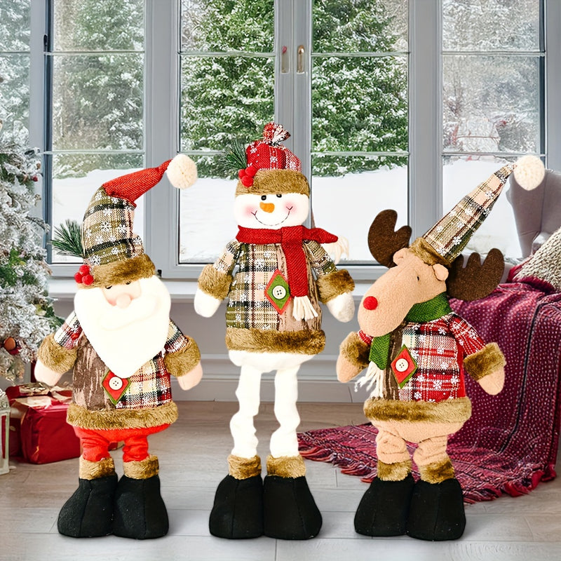 3 pzas Muñeco de Tela con Diseño de Copo de Nieve a Cuadros Elástico para Decoración Navideña de Hotel y Centro Comercial, Adornos de Diseño, Decoración Retro