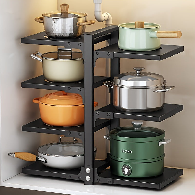 Estante de olla de acero inoxidable de 2 niveles, organizador de cocina ajustable para almacenamiento en encimera y debajo del fregadero, duradero y resistente a la corrosión, forma rectangular, soporte de olla montado en pared para uso en cocina hogareña