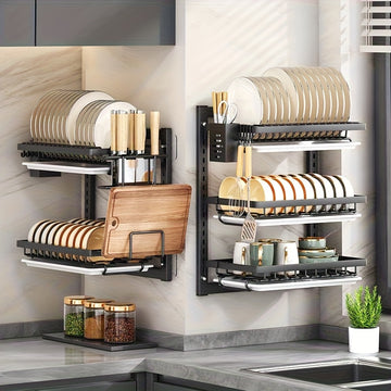 1 pieza, soporte de almacenamiento de cocina de pared de metal de alta resistencia sin perforación con jaula para palillos, soporte de tablero de cuchillos y ganchos - Ideal para almacenar cubiertos, condimentos, tazas y más, organizadores y almacenamien