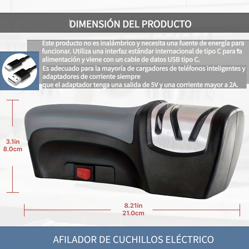 WANVOAPLS Afilador Eléctrico de 2 Etapas con USB – Protección Automática contra Sobrepresión para Cuchillas – Multifuncional para Cuchillos, Tijeras y Destornilladores – Compacto, Seguro y Fácil de Usar en Hogares y Cocinas