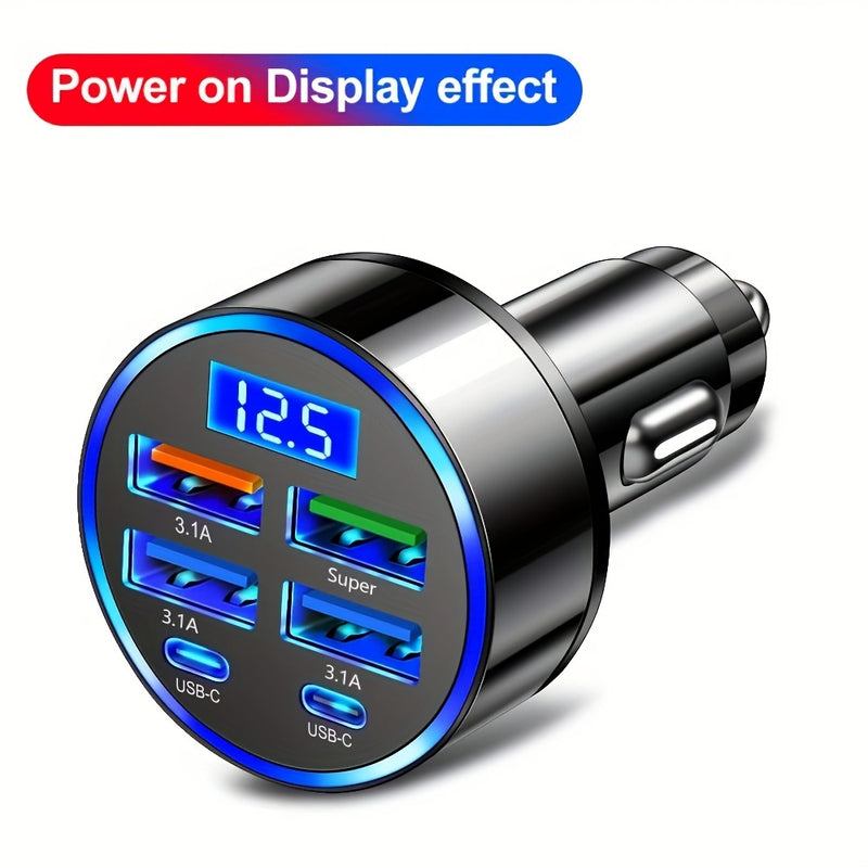Carregador Móvil 6-en-1, 2PD 4USB, Cargador de Coche con 6 Puertos, Carga Rápida de 100W, Pantalla de Voltaje/Prueba, Luz Ambiente con Refrigeración Inteligente por Chip, Universal para Todos los Modelos, Elección Ideal para Regalo en 11 Fiestas