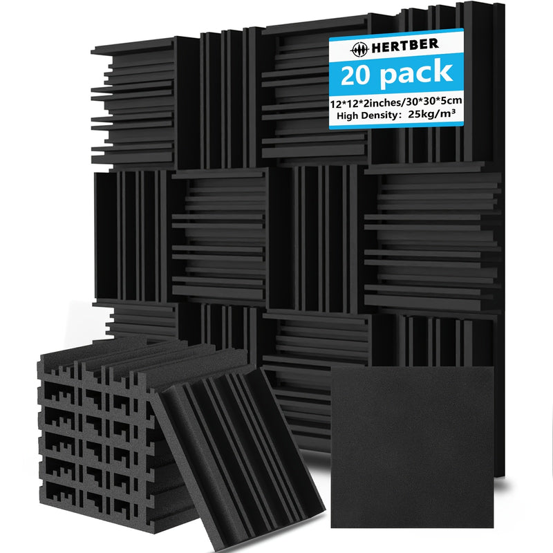 HERTBER 20pcs Paneles de Espuma Insonorizante de Alta Densidad Negros, Fácil Instalación, Recuperación Rápida - Ideal para Oficinas, Salas de Conferencias, Estudios, Espacios de Práctica, Salas de Batería, Salas de Música, Cines en Casa - Tratamiento Acú