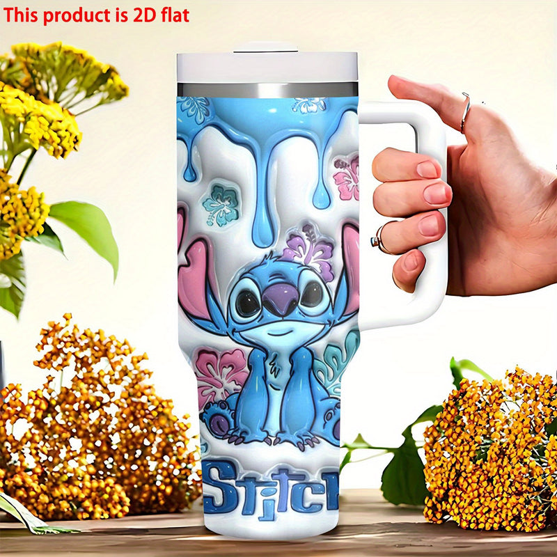 Botella de agua de acero inoxidable Stitch de 40 onzas con pajita y asa - Taza de viaje aislada, de alta calidad, reutilizable, solo lavable a mano, perfecta para fanáticos y regalos.