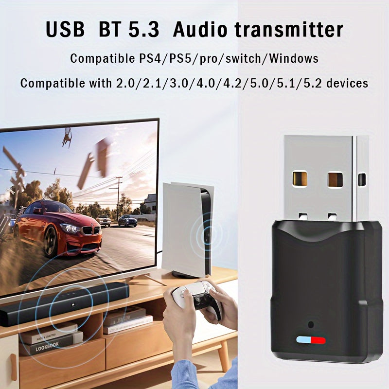 Adaptador de transmisor de audio USB 5.3 para PS4/PS5/Pro/Switch/Windows, Conectividad inalámbrica dual BT 5.3, transmisión de 10-20m, señal fuerte, compatible con Smartthings, alimentado por USB, no requiere batería
