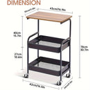 Carro de Utilidad de 3 Niveles TOOLF con Tapete de Madera - Estructura Metálica Resistente, Ruedas Bloqueables y Almacenamiento Adicional - Carrito Organizador Negro Versátil para Cocina, Oficina, Aula, Carrito de Almacenamiento Rodante