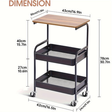 Carro de Utilidad de 3 Niveles TOOLF con Tapete de Madera - Estructura Metálica Resistente, Ruedas Bloqueables y Almacenamiento Adicional - Carrito Organizador Negro Versátil para Cocina, Oficina, Aula, Carrito de Almacenamiento Rodante