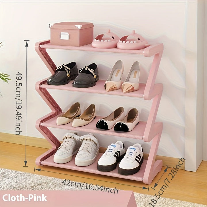 Estante de zapatos de 4 niveles en forma de Z, organizador de almacenamiento de plástico duradero con diseño curvo, fácil de ensamblar, estante de suelo adecuado para sala de estar o dormitorio, no requiere herramientas, pila y ahorra espacio, caja de al
