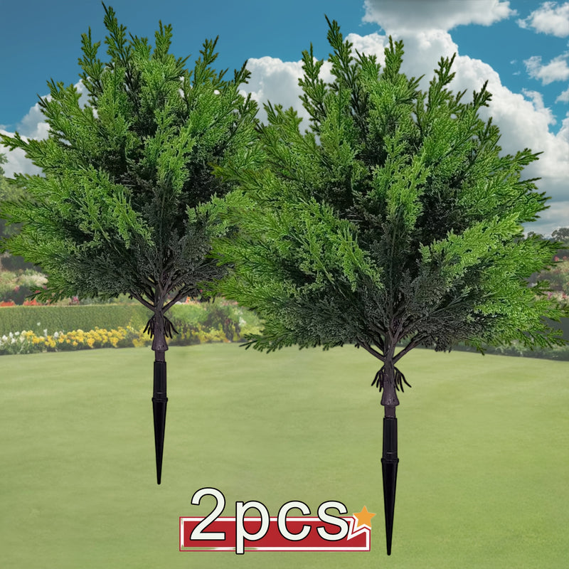 2 piezas de árboles artificiales de cedro grande con enchufe de tierra - Plástico duradero resistente a la radiación UV para decoración de vacaciones al aire libre e interior, patio, jardín, porche - Aspecto natural para todas las estaciones, sin manteni
