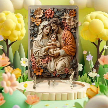 Arte de Pared de Aluminio 3D de José, María y Jesús Niño - Escultura Religiosa para Decoración del Hogar, Perfecta para Dormitorio, Sala de Estar, Guardería - No Necesita Energía, Orientación Vertical, Sin Plumas, 29.97 cm