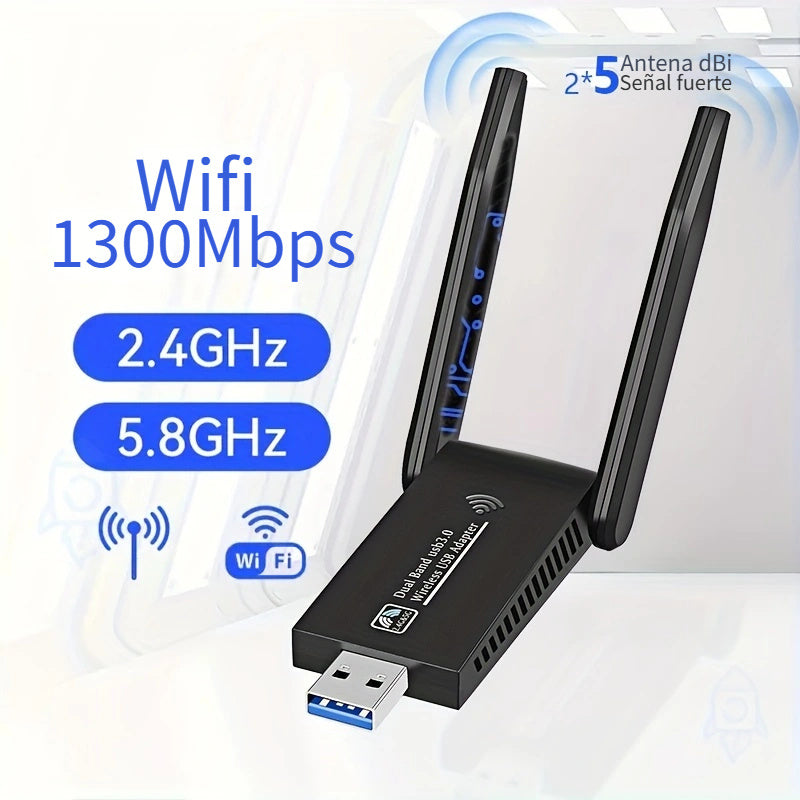 Adaptador USB WiFi de doble banda WIMOTEK de 1300 Mbps con antenas de 5 dBi, 802.11AC, USB 3.0, compatible con Windows 11/10/8/7/XP, Mac OS 10.9-10.15, conectividad Wi-Fi confiable para PC de escritorio