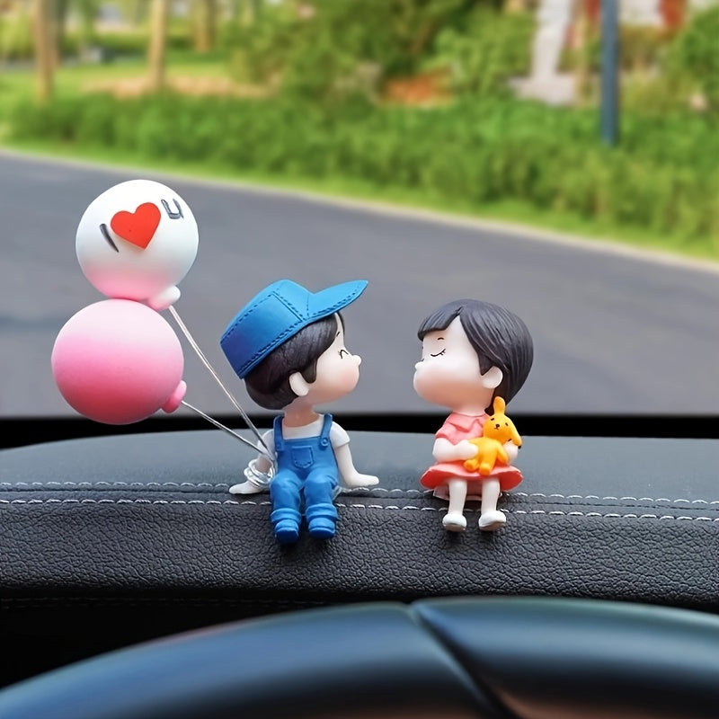 Figuras de acción de parejas de dibujos animados con globos para el salpicadero del coche - Resina ABS duradera, accesorio perfecto para el interior del auto y regalo para niñas, decoración de coche linda