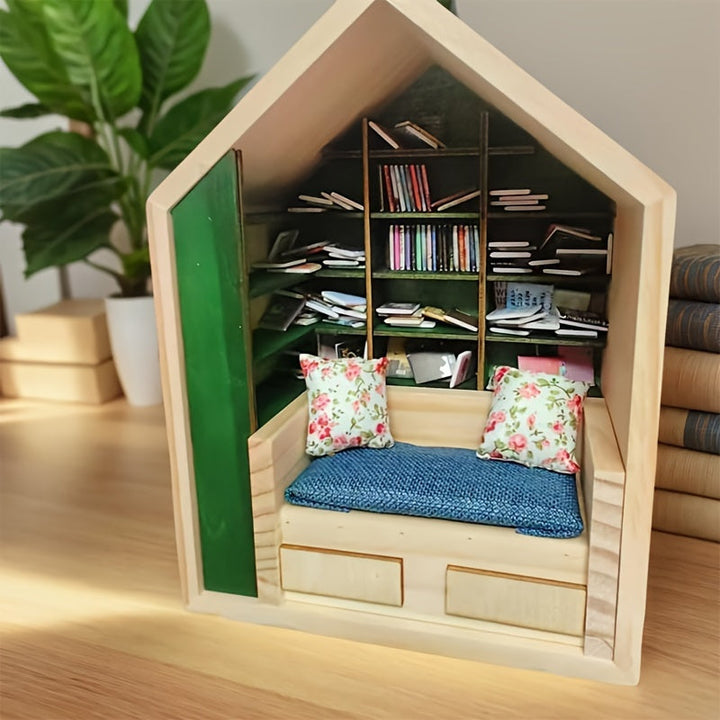 Una caja de mecedora de comodidad artesanal diseñada para aliviar la ansiedad, con una estantería de madera para decoración de oficina en casa, que incluye 200 libros y 2 cojines.