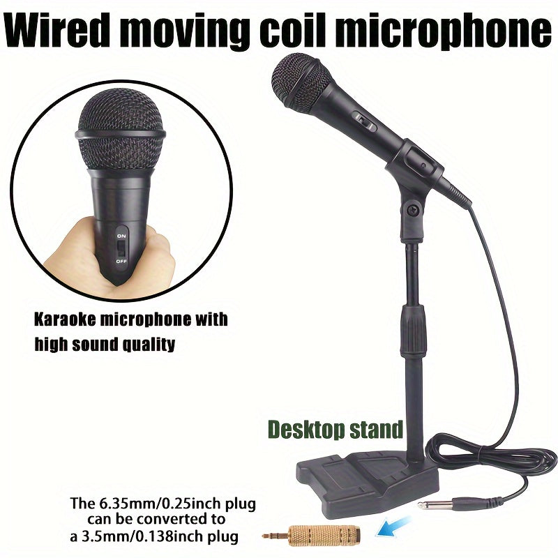 Conjunto de soporte de micrófono de bobina de movimiento con cable profesional, micrófono portátil, micrófono dinámico de mano universal con enchufe de 6,35 mm/0,25 pulgadas y adaptador de 3,5 mm/0,138 pulgadas. Adecuado para teclados electrónicos, instr
