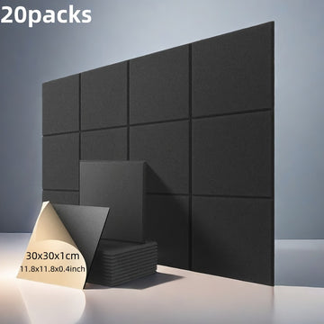 20 piezas de Paneles Acústicos Autoadhesivos Negros, 30.0cm x 30.0cm x 1.02cm Tablero de Fibra de Alta Densidad Absorbente de Sonido para Cine en Casa, Pared de TV, Dormitorio, Sala de Estar, Sala de Conferencias y Estudio de Grabación