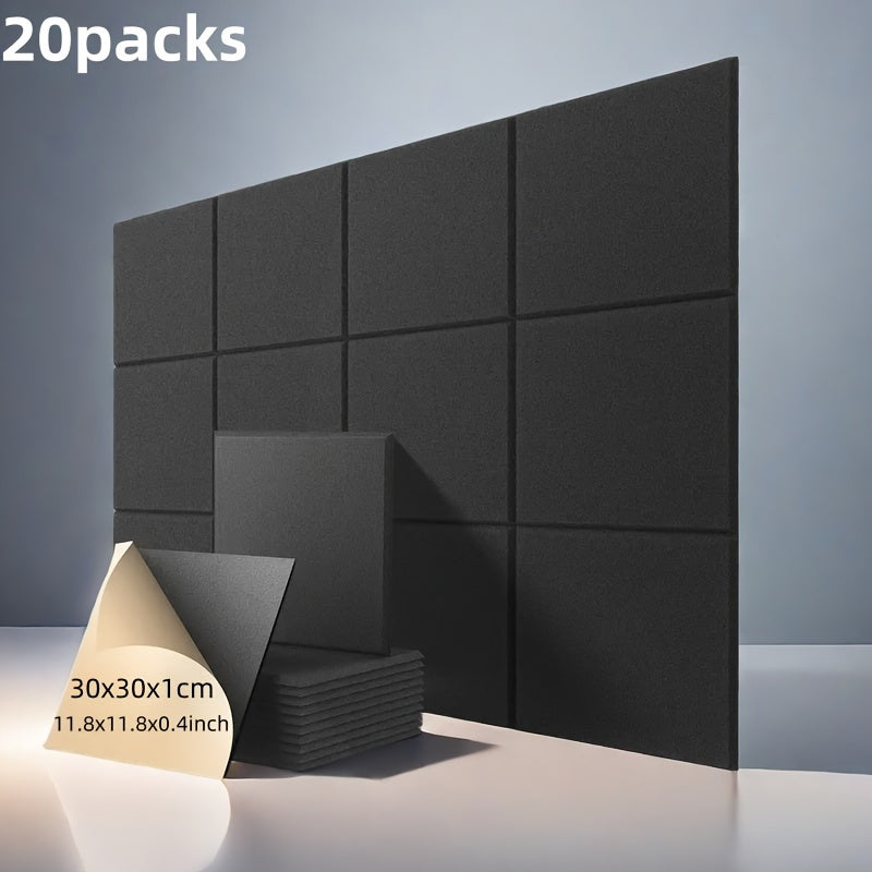 20 piezas de Paneles Acústicos Autoadhesivos Negros, 30.0cm x 30.0cm x 1.02cm Tablero de Fibra de Alta Densidad Absorbente de Sonido para Cine en Casa, Pared de TV, Dormitorio, Sala de Estar, Sala de Conferencias y Estudio de Grabación