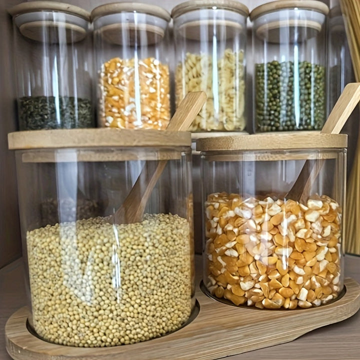 Juego de 3 Tarros de Vidrio con Bandeja y Cuchara, 11.83 oz/350 ml, Recipientes Herméticos para Almacenar Sal, Pimienta, Azúcar y Especias, Contenedores Apto para Alimentos, Ideal para Conservación de Condimentos