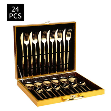 Juego de Vajilla Portuguesa de Acero Inoxidable de 24 Piezas en Caja Dorada con Madera, Incluye Cuchillo para Bistec, Tenedor, Cuchara, etc. Ideal para Hogar, Cocina, Restaurante, Fiesta, Boda y Festivales, Cucharita para Café, Cucharita para Postre