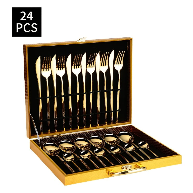 Juego de Vajilla Portuguesa de Acero Inoxidable de 24 Piezas en Caja Dorada con Madera, Incluye Cuchillo para Bistec, Tenedor, Cuchara, etc. Ideal para Hogar, Cocina, Restaurante, Fiesta, Boda y Festivales, Cucharita para Café, Cucharita para Postre