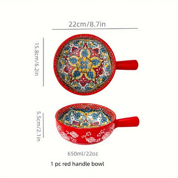 Ensaladera bohemia de cerámica con asa, 22.1 cm, apta para microondas y horno, ideal para hornear y servir en casa