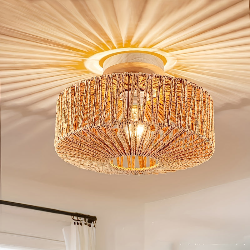 1 pieza - Lámpara de Techo Semienterrada de Ratán, Iluminación para Áreas Comerciales en Salón de Comedor, Café, Decoración de Bar, Lámpara de Techo Estilo Boho con Pantalla de Mimbre Tejido a Mano, Colgante Estilo Granja Boho