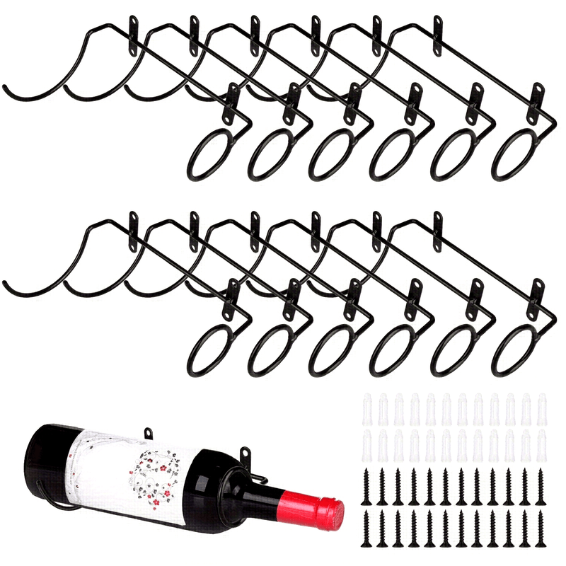 Conjunto de 12 Soportes para Vino Metálicos en Espiral Negros - Montaje en Pared con Tornillos para Instalación Fácil, Almacenamiento Ahorrador de Espacio y Exhibición Decorativa