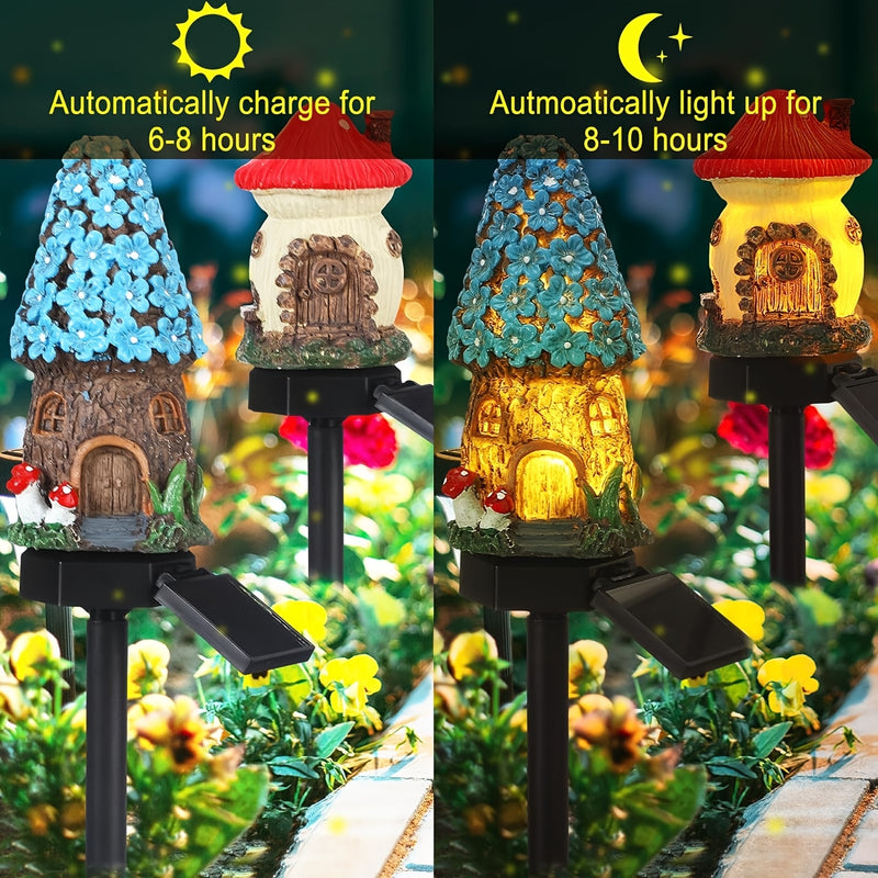 Luces solares para casas de hongos - Decoración de césped exterior con senderos LED, luces de jardín de resina alimentadas por energía solar con letrero "Bienvenido", montaje semienterrado para decoración de patio y festivales, luces solares para exterio