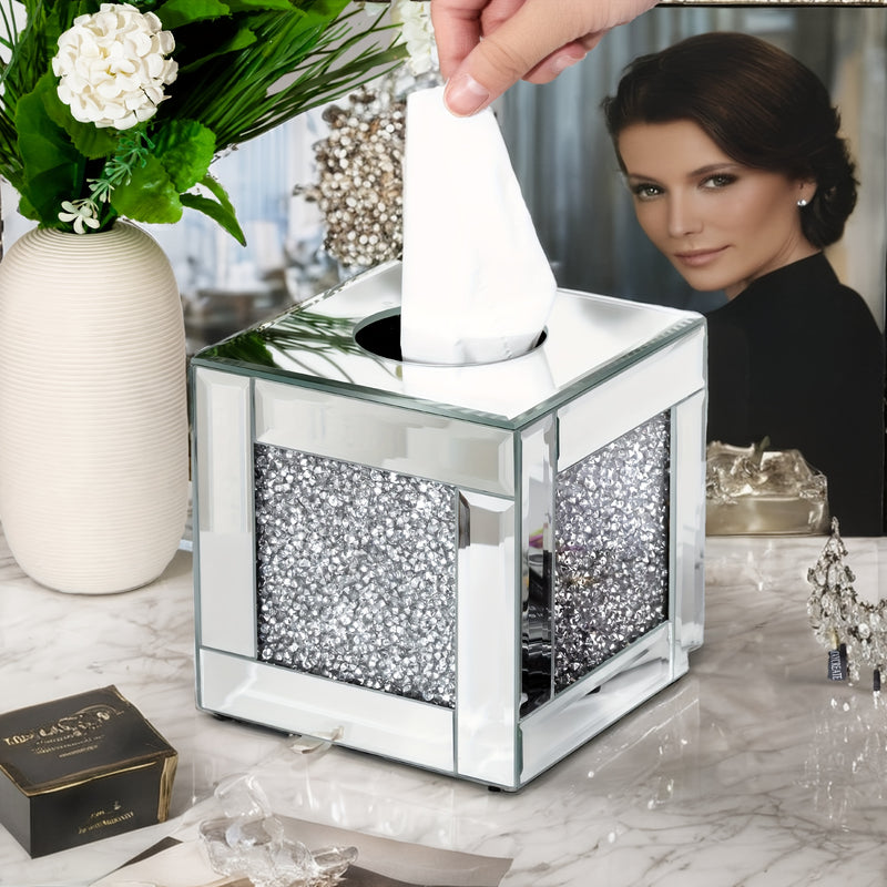 Lujo Caja de Pañuelos de Vidrio con Diamantes Triturados - Exquisito Soporte Cuadrado con Espejo y Cristales Brillantes para Decoración de Baño, Tocador y Mesa - Perfecto para Decoraciones de Halloween y Navidad