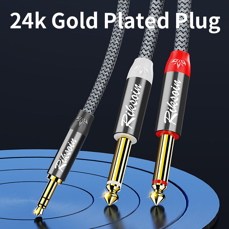 Cable de Audio Estéreo Premium Chapado en Oro de 3.5mm a Doble 6.5mm - Nylon Reductor de Ruido, Conector Macho a Macho para iPhone, Tarjeta de Sonido de PC, Mezclador, Altavoces Multimedia y Sistemas de Cine en Casa