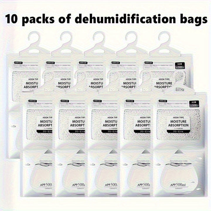 10 bolsas colgantes absorbentes de humedad, deshumidificadores, 16.91 oz de desecante, ideales para armarios y clósets - Bolsas deshumidificadoras reutilizables, perfectas para dormitorios y suministros diarios