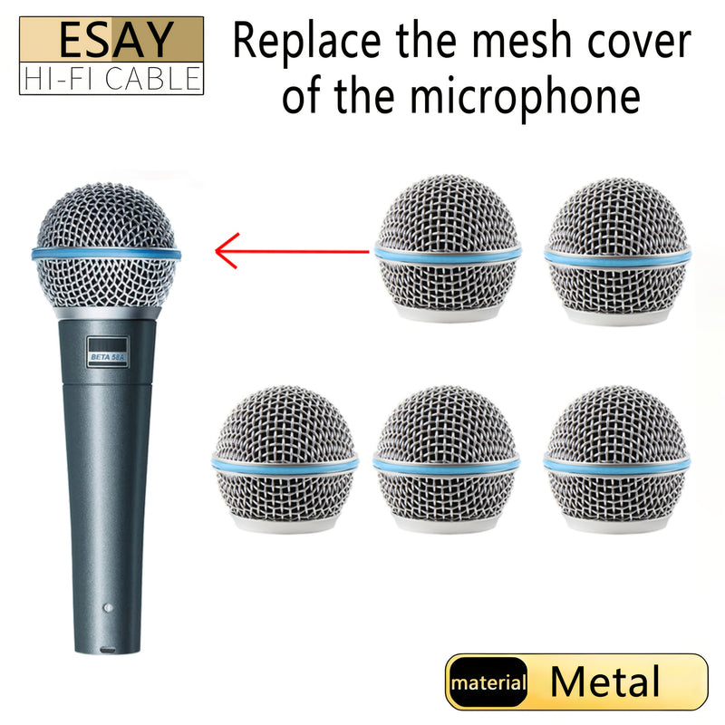 1 pieza de ESAY, cubierta de malla de reemplazo de metal para micrófono, adecuada para micrófono dinámico de mano Beta58A SM58, con accesorios de reemplazo de algodón interior, accesorios de reemplazo duraderos, cubierta de viento plateada gris.