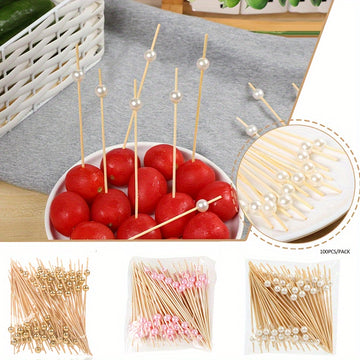 100 piezas de palillos de dientes de bambú para fiestas de bodas, palillos para verduras y frutas con perlas, aperitivos y frutas con perlas doradas/rosas/blancas, palillos para alimentos y bebidas de Navidad, Año Nuevo, palillos para pasteles, postres,