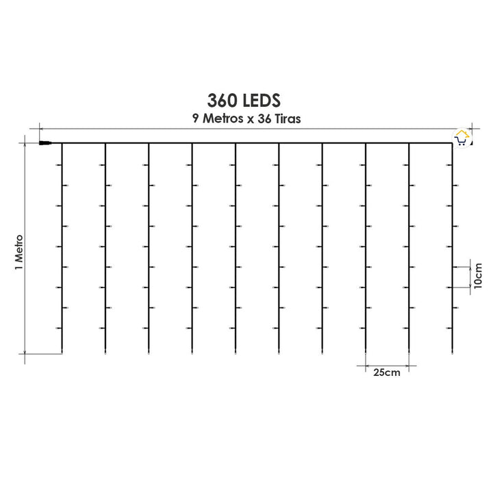 Cortina Luz LED 9x1M 360L Destellos Extensión Navidad 1340B