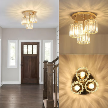 1 pza. Moderno candelabro de cristal de 3 luces con pantalla de cristal, base E27, 110V-240V, montaje semi empotrado, luz colgante ajustable para sala de estar, dormitorio, cocina, pasillo, baño, accesorio de iluminación.