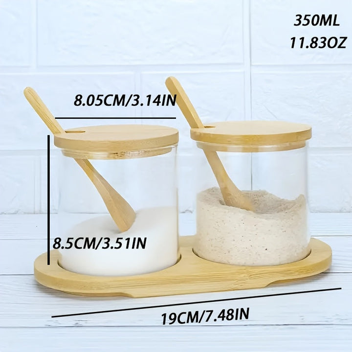 Juego de 3 Tarros de Vidrio con Bandeja y Cuchara, 11.83 oz/350 ml, Recipientes Herméticos para Almacenar Sal, Pimienta, Azúcar y Especias, Contenedores Apto para Alimentos, Ideal para Conservación de Condimentos