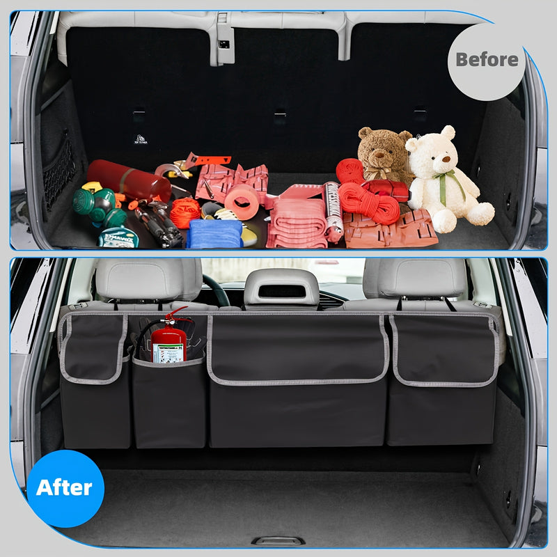1 pieza, organizador de maletero de automóvil multifuncional de tela Oxford - Material duradero negro con bolsillos con cremallera, ideal para almacenar artículos en el asiento trasero y maletero de SUV y otros vehículos, solución de almacenamiento de ma