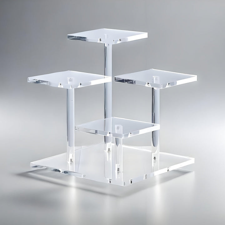 1 Soporte de exhibición moderno y transparente de acrílico - 4 estantes cuadrados desmontables para especias, figuritas, perfumes y joyas, adecuado para almacenamiento de escritorio en dormitorio y sala de estar.